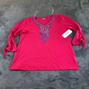 Allison Daley Embroidered Top Petite Drawstring Sleeve Blouse Pink Womens PS‎